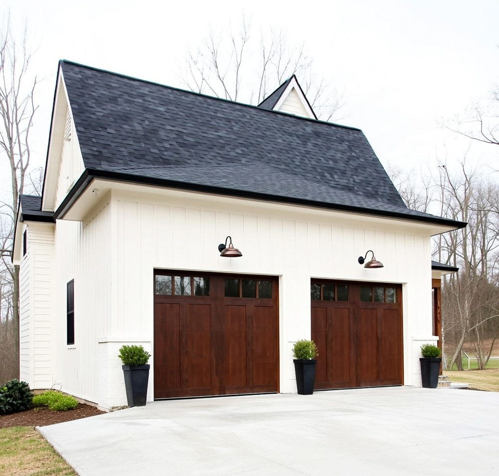 Style Garage Doors: 2026 Guide To Popular Designs &Amp; Trends For Chicago Homes White Detached Garage Featuring Dark Wood Carriage-Style Designs With Windows As Elegant Garage Door Options, Installed By Lead Contractor Dmytro Shevchenko In North West Chicago.