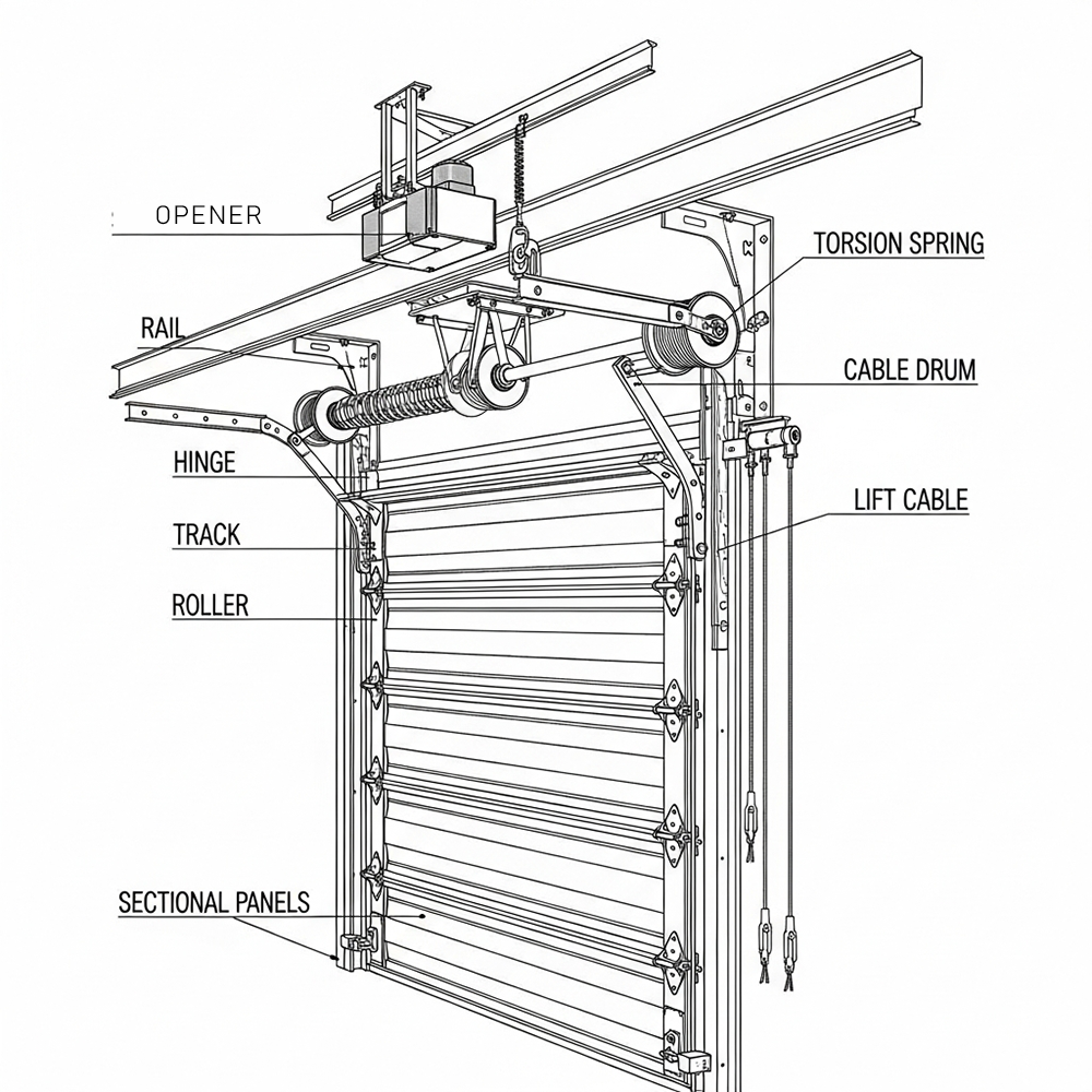 Detailed Technical Diagram Of A Sectional Garage Door System Labeled With Components Like The Opener, Torsion Spring, And Tracks, Illustrating The Various Garage Door Options Explained By Lead Contractor Dmytro Shevchenko For Clients In North West Chicago.