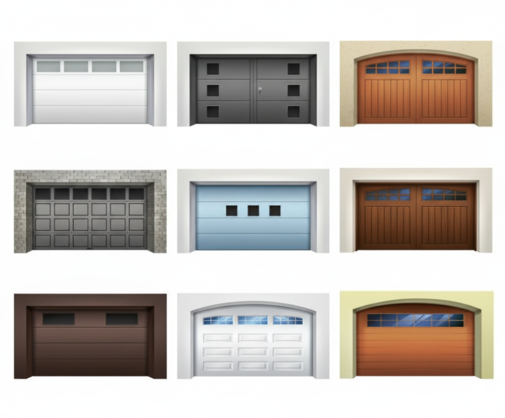 A Grid Displaying Nine Distinct Garage Door Options, Featuring Various Styles Including Modern Flat Panels, Traditional Carriage House Designs, And Contemporary Sectional Doors With Windows. This Collection Showcases The Variety Of Colors, Materials, And Designs Offered By Lead Contractor Dmytro Shevchenko For Homes In North West Chicago.
