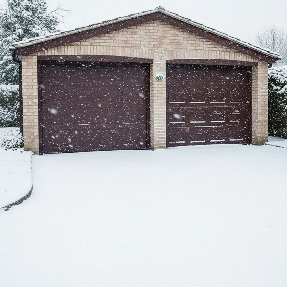 A Brick Garage In North West Chicago, Featuring Two Brown Panelled Garage Doors. This Image Highlights Attractive Garage Door Options, With The Project Overseen By Lead Contractor Dmytro Shevchenko. Snow Covers The Ground And Lightly Dusts The Roof And Surrounding Greenery, Creating A Cozy Winter Scene.
