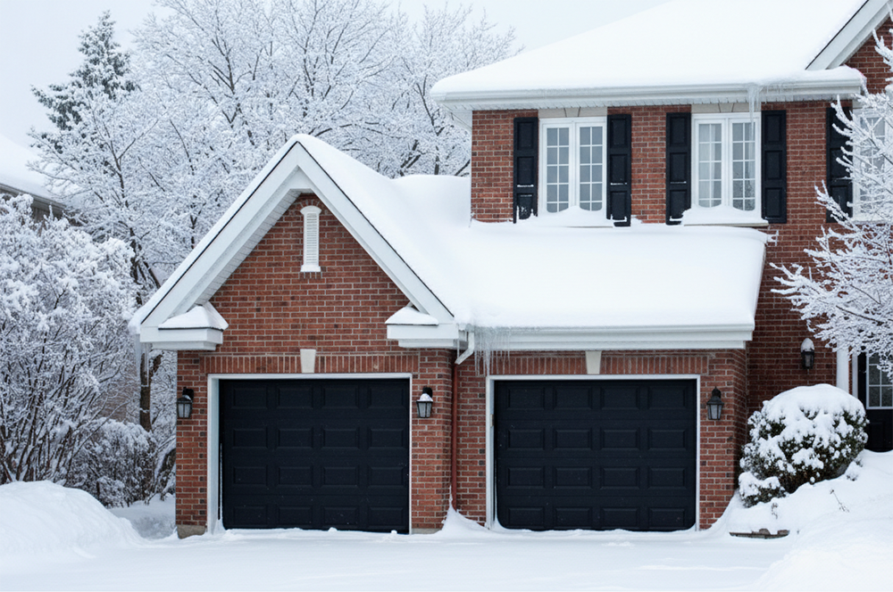 A Classic Red Brick Home Covered In Heavy Snow, Featuring Two Elegant Black Panel Garage Doors. This Winter Scene Highlights Durable And Stylish Garage Door Options Suitable For Cold Climates, As Recommended And Installed By Lead Contractor Dmytro Shevchenko In North West Chicago.