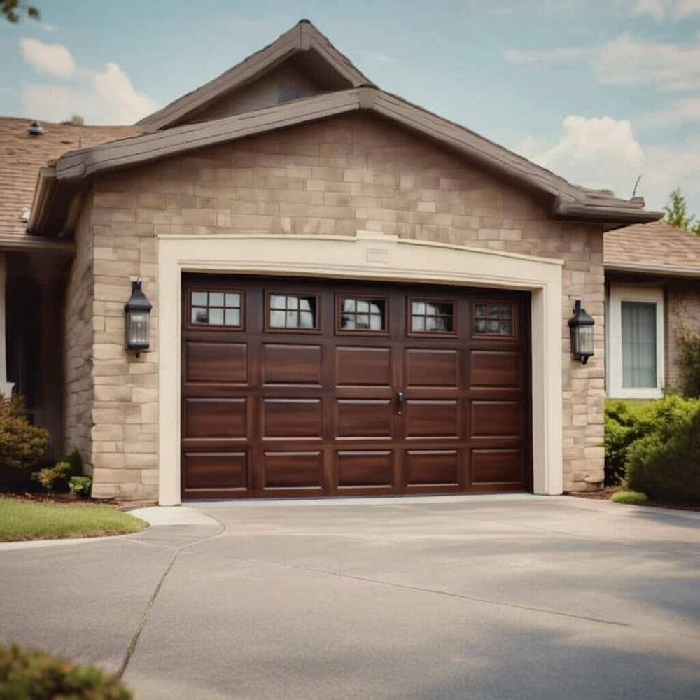 Modern Double Garage Door With Rich Dark Brown Wood Finish Panels, Beige Stone Trim, And Arched Header Detail On A Suburban Home In North West Chicago. Garage Door Installation By Lead Contractor Dmytro Shevchenko.