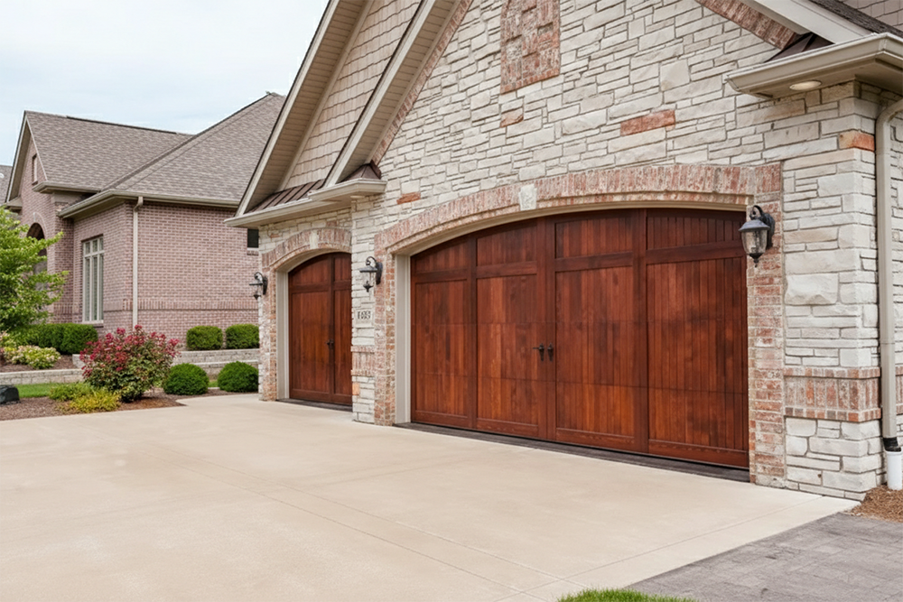 Rich Mahogany Wooden Arched Garage Doors With Vertical Panel Design And Black Hardware, Set In A Brick And Stone Facade Home With Decorative Brick Arch Detail – Installed By Lead Contractor Dmytro Shevchenko, North West Chicago