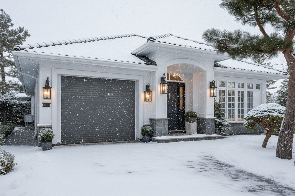 An Elegant, Snow-Covered Single-Story Home In North West Chicago, Showcasing A Stylish Grey Roller Garage Door, One Of Many Excellent Garage Door Options. The Project Was Masterfully Led By Contractor Dmytro Shevchenko. The House Features White Exterior Trim, A Dark Front Door With An Arched Entryway, And Decorative Exterior Lighting. Snow Blankets The Roof, Driveway, And Surrounding Winter Foliage.