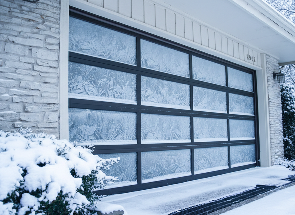 A Modern Aluminum And Glass Garage Door Featuring Intricate Natural Frost Patterns On The Panels, Set Against A Light Stone Exterior With Snow-Covered Bushes. This Image Highlights The Stylish And Weather-Resistant Garage Door Options Available From Lead Contractor Dmytro Shevchenko For Homes In North West Chicago.