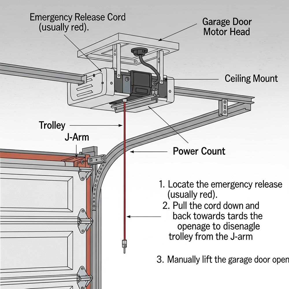 An Illustration Detailing The Components Of A Garage Door Opener System, Including The Garage Door Motor Head, Ceiling Mount, Trolley, J-Arm, And The Emergency Release Cord (Usually Red). The Diagram Shows The Cord Extending Downwards Towards The Garage Door, With Instructions For Disengaging The Trolley From The J-Arm To Manually Open The Door During An Emergency. This Image Is Relevant For Garage Door Options And Information Provided By Lead Contractor Dmytro Shevchenko In North West Chicago.