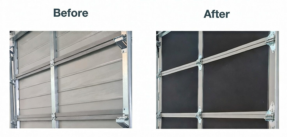 Before And After Comparison Of A Garage Door Interior Showing The Installation Of Black Insulation Panels For Improved Energy Efficiency, Completed By Lead Contractor Dmytro Shevchenko In North West Chicago.