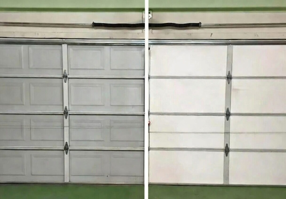 Side-By-Side Comparison Showing A Garage Door Interior Before And After The Installation Of White Insulation Panels, Illustrating Energy-Efficient Upgrades By Lead Contractor Dmytro Shevchenko In North West Chicago.