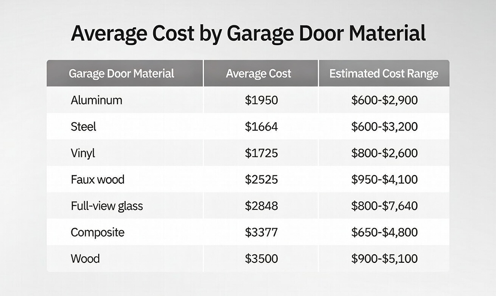 Pricing Table Displaying Average Costs And Estimated Ranges For Various Garage Door Materials Including Aluminum, Steel, And Wood, Provided As A Cost Guide By Lead Contractor Dmytro Shevchenko In North West Chicago.