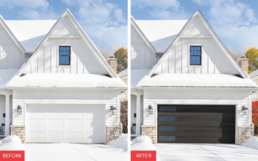 A Split Image Showing &Quot;Before&Quot; And &Quot;After&Quot; Views Of A White House With Snow On The Roof And Ground. The &Quot;Before&Quot; Side Features A Classic White Panel Garage Door, While The &Quot;After&Quot; Side Displays A Modern, Dark Wood-Textured Garage Door With Horizontal Frosted Windows. Both Images Highlight Garage Door Options, Possibly From Lead Contractor Dmytro Shevchenko In North West Chicago, In A Winter Setting.