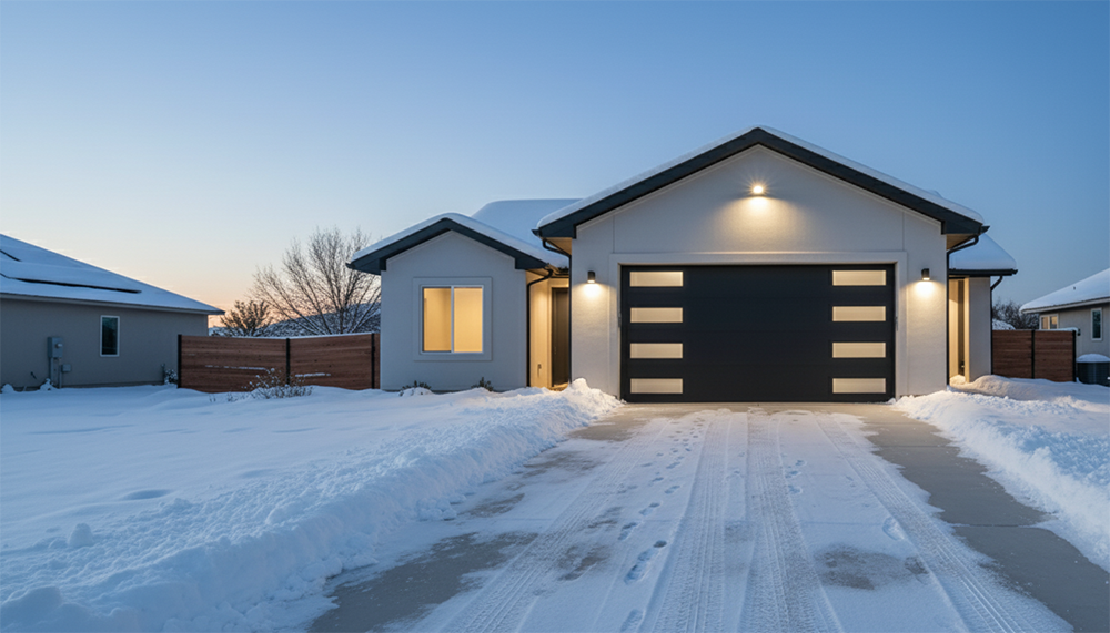 A Modern Garage On A Winter Evening With A Snow-Covered Driveway. The House Features A Black Garage Door With Frosted Windows, Illuminated By Exterior Lights. This Home Is An Example Of Garage Door Options Provided By Lead Contractor Dmytro Shevchenko In North West Chicago.