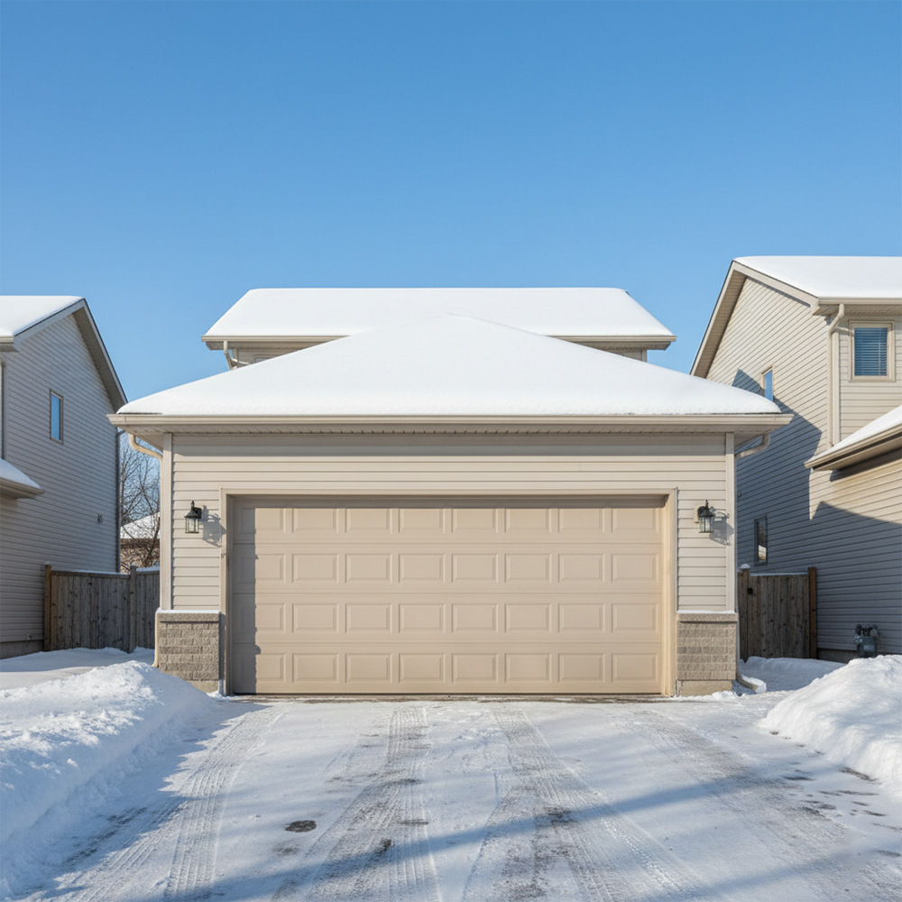 A House With A Classic Beige Garage Door And A Snow-Covered Driveway Under A Clear Blue Sky. Snow Is Piled Up Around The Base Of The House, And The Roof Is Also Dusted With Snow. This Image Showcases Potential Garage Door Options Available Through Lead Contractor Dmytro Shevchenko In North West Chicago, Set In A Winter Landscape.