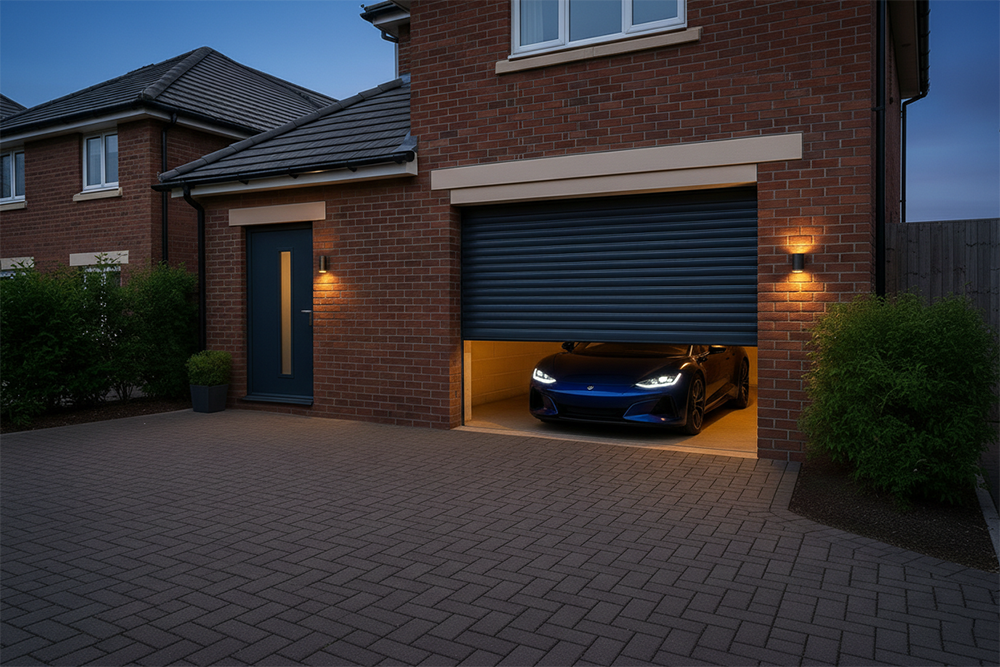 New Style Garage Doors: 2026 Trends &Amp; Modern Designs For Chicago Homes Modern Brick House With Dark Blue Sectional Garage Door Partially Open Revealing A Luxury Blue Sports Car Inside, Illuminated Driveway Lighting At Dusk – Garage Door Options By Lead Contractor Dmytro Shevchenko, North West Chicago
