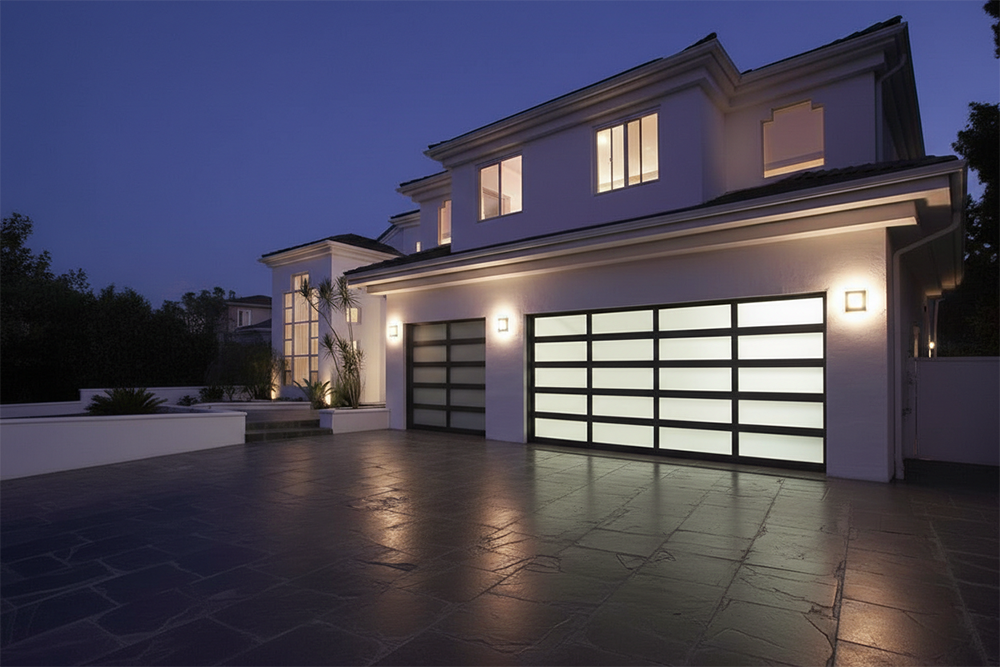 New Style Garage Doors: 2026 Trends &Amp; Modern Designs For Chicago Homes Luxury Two-Story White Stucco Home With Illuminated Modern Glass-Panel Sectional Garage Doors Featuring Black Frames And Translucent Panels, Elegant Exterior Lighting At Dusk, Palm Trees And Stone Driveway – Garage Door Options By Lead Contractor Dmytro Shevchenko, North West Chicago