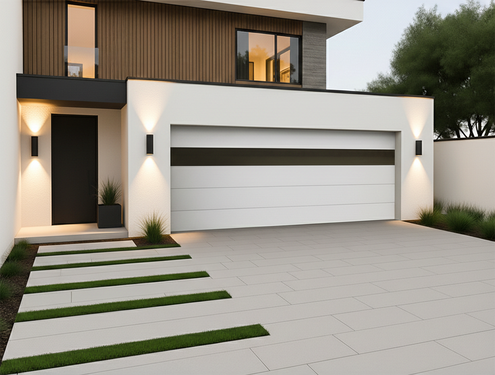New Style Garage Doors: 2026 Trends &Amp; Modern Designs For Chicago Homes Modern Minimalist Two-Story House With Sleek White Sectional Garage Door Featuring Horizontal Dark Accent Band, Contemporary Facade With Wood Cladding And Warm Exterior Lighting At Dusk – Garage Door Options By Lead Contractor Dmytro Shevchenko, North West Chicago
