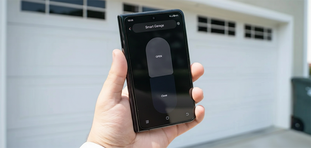 New Style Garage Doors: 2026 Trends &Amp; Modern Designs For Chicago Homes Smartphone Displaying Garage Door Options With Open And Close Buttons In The Smart Garage App, Held In Front Of A Residential Garage – Lead Contractor Dmytro Shevchenko, North West Chicago