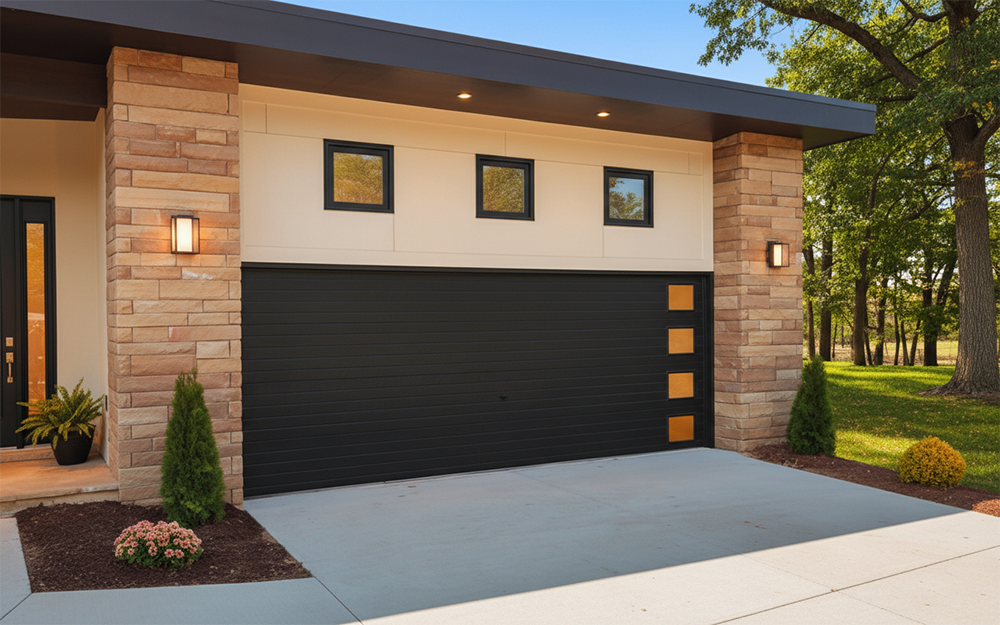 New Style Garage Doors: 2026 Trends &Amp; Modern Designs For Chicago Homes Modern Single-Story Home With Contemporary Black Horizontal-Panel Sectional Garage Door Accented By Gold/Orange Inserts, Stone Facade And Recessed Lighting, Daytime Exterior View – Garage Door Options By Lead Contractor Dmytro Shevchenko, North West Chicago