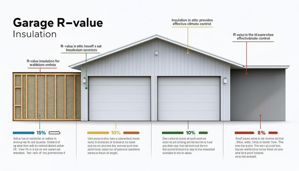 An Infographic Illustrating &Quot;Garage R-Value Insulation&Quot; With A Diagram Of A Two-Car Garage. The Infographic Points To Various Sections Of The Garage Structure, Detailing R-Value Insulation In The Attic And Walls, With Percentages Indicating Different Insulation Characteristics. This Graphic Can Inform Decisions About Garage Door Options And Overall Garage Insulation, A Service Potentially Offered By Lead Contractor Dmytro Shevchenko In North West Chicago.