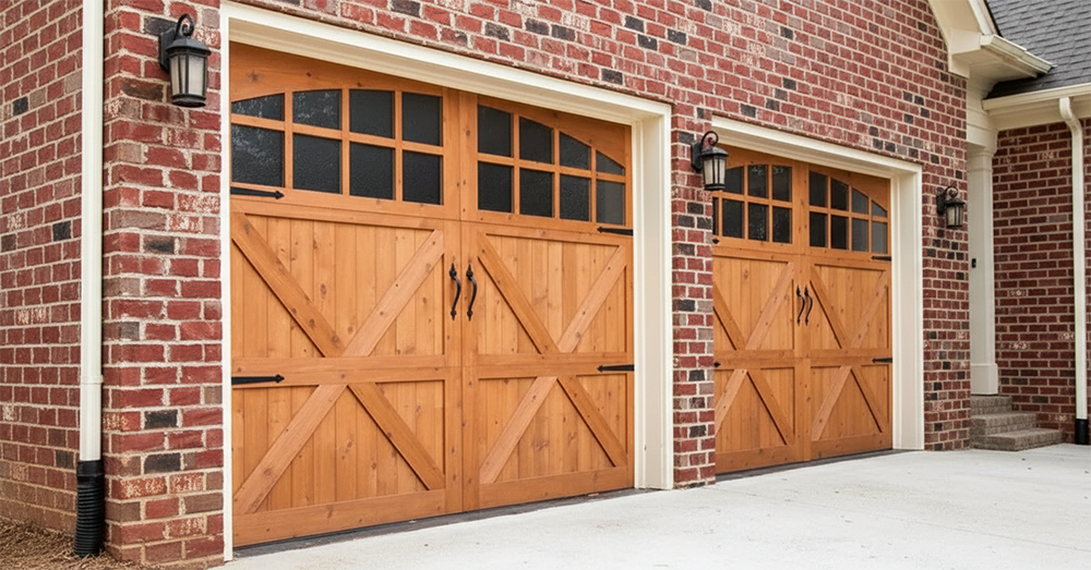 Premium Natural Wood Carriage-Style Garage Doors With X-Brace Design, Arched Grid Windows, Black Wrought Iron Hardware And Strap Hinges, Framed In White Trim On A Red Brick Home – Installed By Lead Contractor Dmytro Shevchenko, North West Chicago