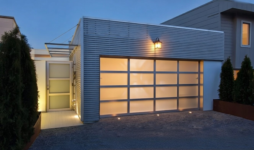 New Style Garage Doors: 2026 Trends &Amp; Modern Designs For Chicago Homes Modern Detached Garage Featuring An Illuminated Frosted Glass Design As An Example Of Premium Garage Door Options, Installed By Lead Contractor Dmytro Shevchenko In North West Chicago.