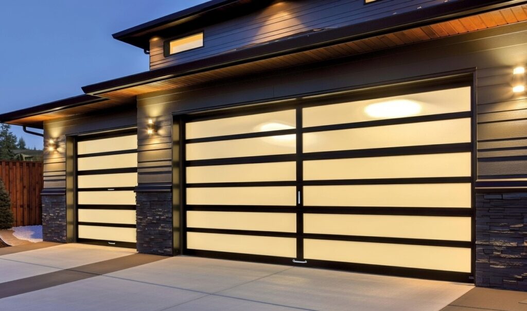 Two Modern Illuminated Garage Doors Featuring Frosted Glass Panels And Black Frames, Showcasing Stylish Garage Door Options Installed By Lead Contractor Dmytro Shevchenko In North West Chicago.