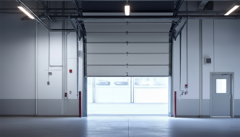 Interior View Of A Modern Industrial Warehouse Featuring A Large White Sectional Garage Door Partially Open, Showcasing Professional Commercial Garage Door Options From Lead Contractor Dmytro Shevchenko In North West Chicago.