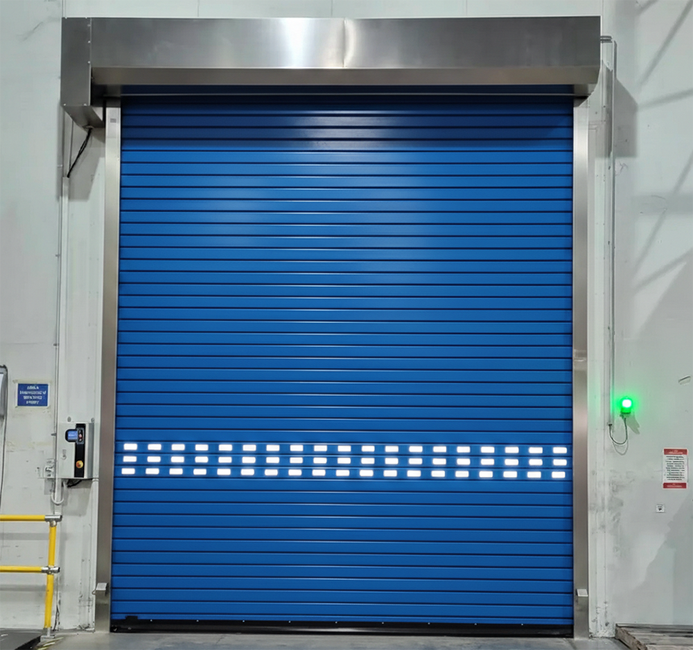 A Vibrant Blue High-Speed Industrial Roll-Up Garage Door With Vision Panels, Representing The Durable Commercial Garage Door Options Available From Lead Contractor Dmytro Shevchenko In The North West Chicago Area.