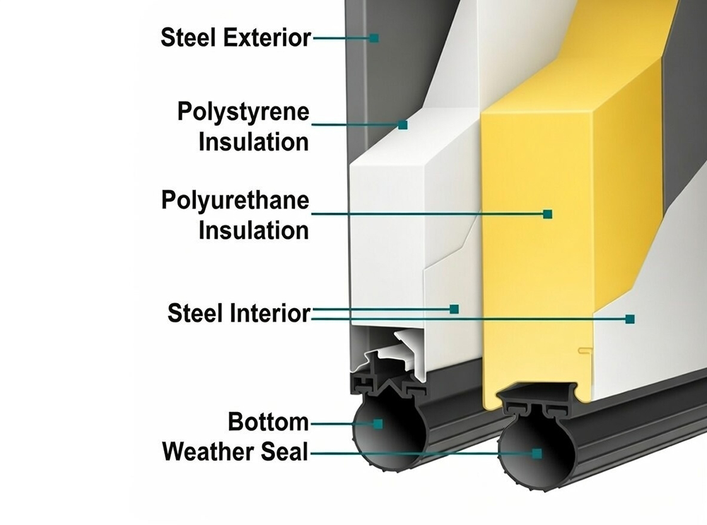 Cross-Section Diagram Displaying Steel Exterior, Polystyrene And Polyurethane Insulation Layers, And Weather Seals For Energy-Efficient Garage Door Options Recommended By Lead Contractor Dmytro Shevchenko In North West Chicago.