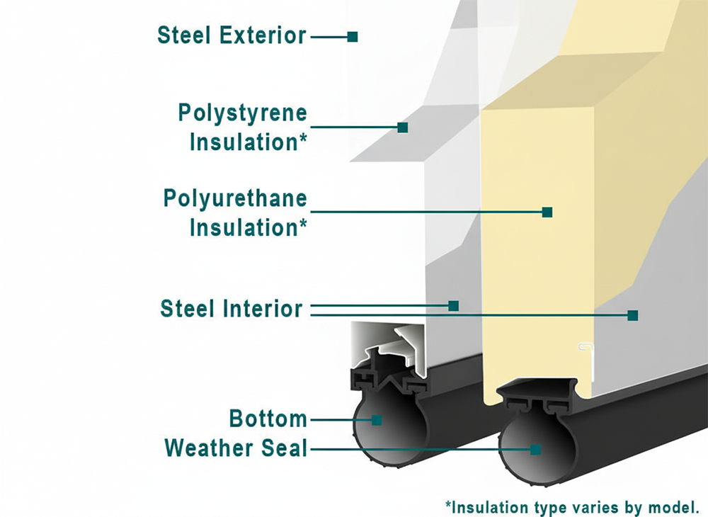A Technical Cross-Section Diagram Illustrating Insulated Garage Door Options, Showing The Layers Of Steel Exterior, Polystyrene Vs. Polyurethane Insulation, Steel Interior, And The Bottom Weather Seal. This Visual Aid Helps Explain The Construction Quality And Thermal Efficiency Offered By Lead Contractor Dmytro Shevchenko For Homes In North West Chicago.