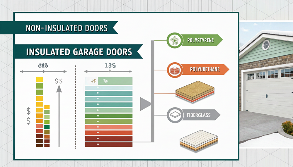 An Infographic Comparing &Quot;Non-Insulated Doors&Quot; And &Quot;Insulated Garage Doors,&Quot; Showing Cost Benefits And Different Insulation Materials Like Polystyrene, Polyurethane, And Fiberglass. To The Right, A House With A Garage Door And A Snow-Dusted Roof Is Partially Visible. This Visual Guide Can Help Homeowners Consider Garage Door Options And The Benefits Of Insulation, Services Potentially Offered By Lead Contractor Dmytro Shevchenko In North West Chicago.