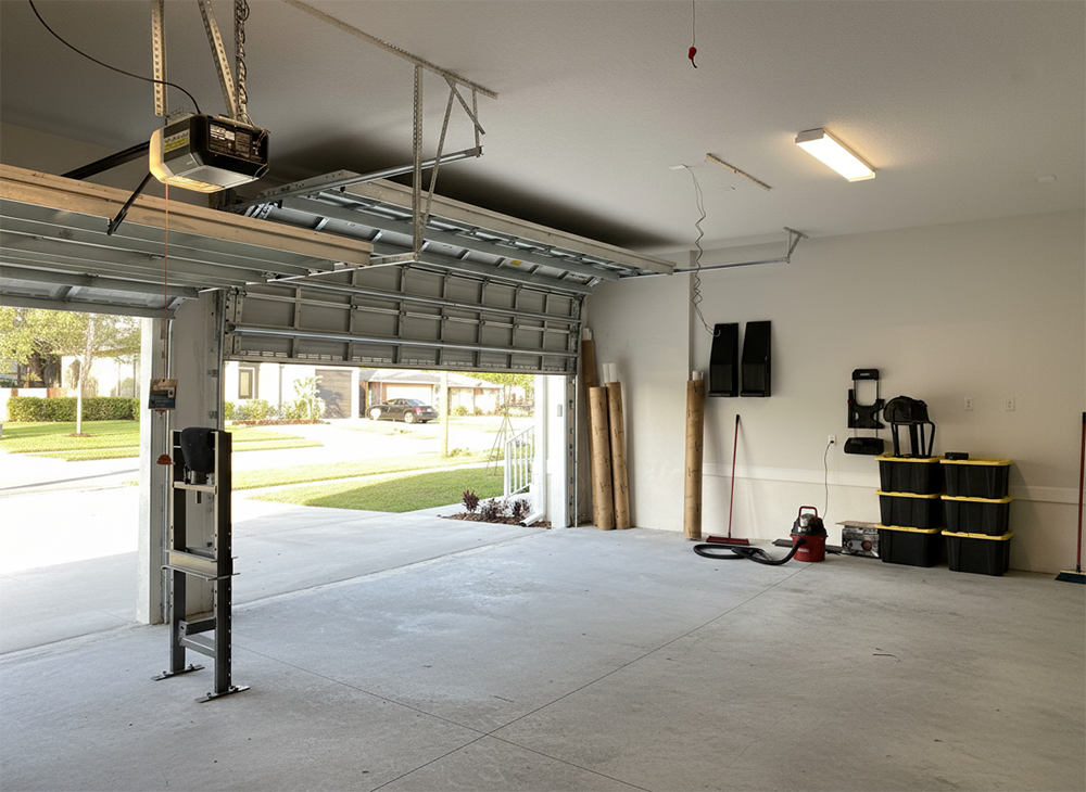 An Interior View Of A Clean, Well-Organized Residential Garage With A Sectional Garage Door Partially Open, Highlighting The Reliable Garage Door Options Provided By Lead Contractor Dmytro Shevchenko In The North West Chicago Area.