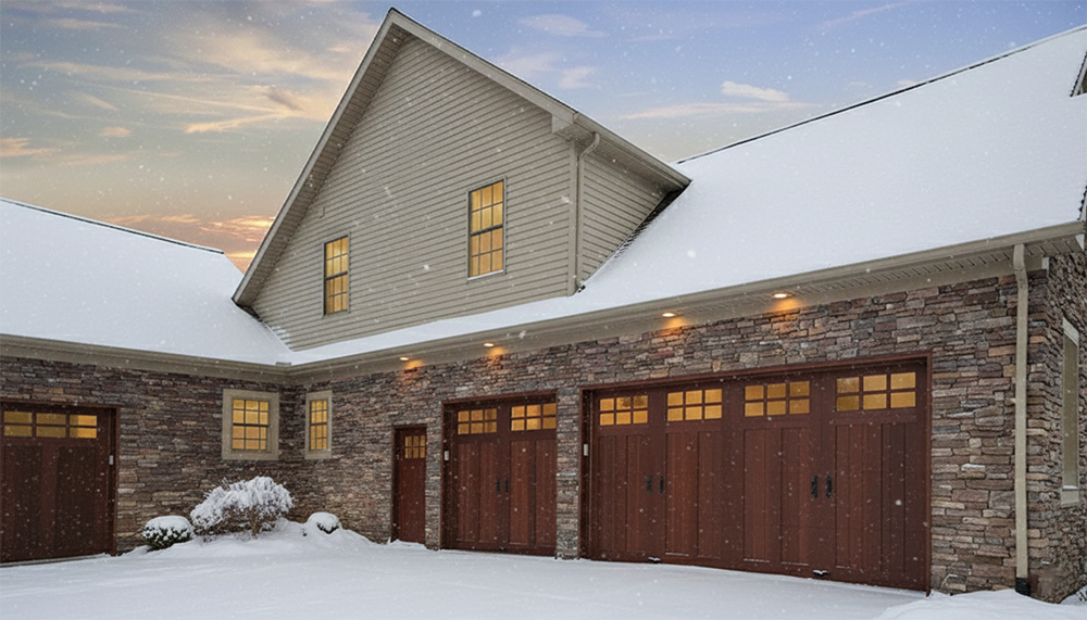 Custom Wooden Carriage-Style Garage Doors Set Against A Stone Exterior In Winter, Showcasing Premium Garage Door Options Offered By Lead Contractor Dmytro Shevchenko For Estate Homes In North West Chicago.