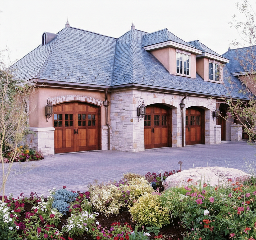 Luxury Custom Wooden Garage Doors With Arched Tops And Rich Brown Finish, Installed On Elegant Stone And Stucco Mediterranean-Style Home With Blue-Gray Tile Roof – Professional Installation By Lead Contractor Dmytro Shevchenko, North West Chicago