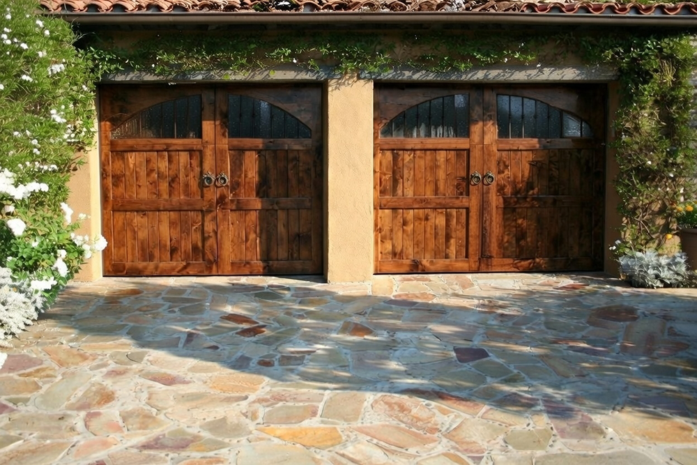 Style Garage Doors: 2026 Guide To Popular Designs &Amp; Trends For Chicago Homes Vine-Covered Exterior Featuring Mediterranean-Style Wooden Carriage Designs With Arched Windows As Unique Garage Door Options, Installed By Lead Contractor Dmytro Shevchenko In North West Chicago.