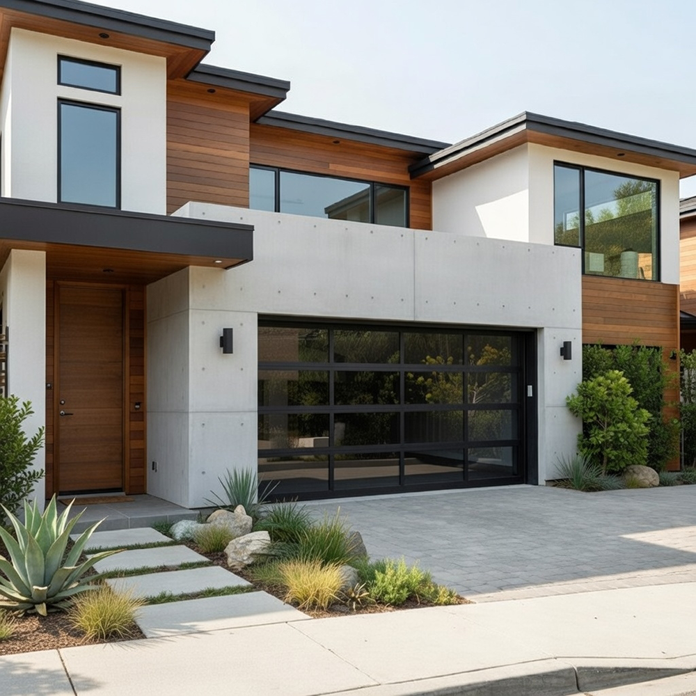 New Style Garage Doors: 2026 Trends &Amp; Modern Designs For Chicago Homes Modern Concrete And Wood Home Exterior Featuring A Sleek Black Aluminum And Glass Design As An Example Of Premium Garage Door Options, Installed By Lead Contractor Dmytro Shevchenko In North West Chicago.