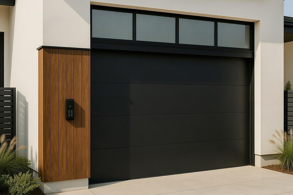 Modern White Home Exterior Featuring A Sleek Black Flat-Panel Design With A Transom Window Above, Showcasing Stylish Garage Door Options Installed By Lead Contractor Dmytro Shevchenko In North West Chicago.