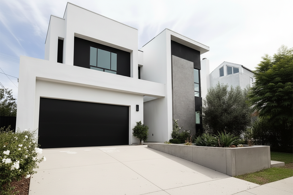 Sleek Modern Black Flush-Panel Garage Door Integrated Into A Striking Contemporary White Stucco And Concrete Geometric Home With Black Accent Panels And Large Windows – Expertly Installed By Lead Contractor Dmytro Shevchenko, North West Chicago