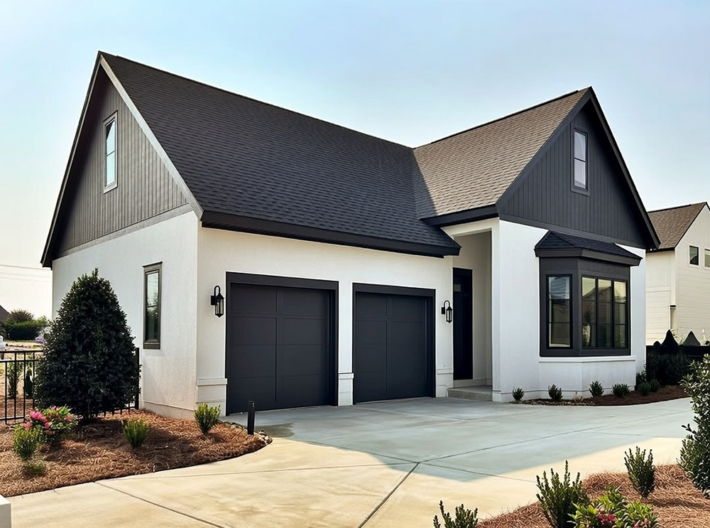 New Style Garage Doors: 2026 Trends &Amp; Modern Designs For Chicago Homes Modern White Farmhouse Exterior Featuring Two Sleek Black Flat-Panel Designs As Examples Of Stylish Garage Door Options, Installed By Lead Contractor Dmytro Shevchenko In North West Chicago.
