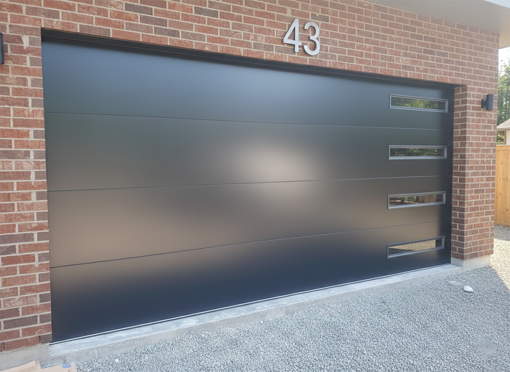 Style Garage Doors: 2026 Guide To Popular Designs &Amp; Trends For Chicago Homes Modern Black Flat-Panel Design With Vertical Side Windows As An Example Of Contemporary Garage Door Options, Installed By Lead Contractor Dmytro Shevchenko In North West Chicago.