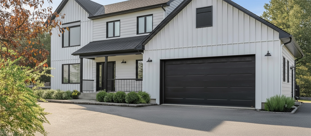 Sleek Modern Black Horizontal Panel Garage Door On A Contemporary White Board-And-Batten Home With Black Trim Accents And Covered Porch – Professionally Installed By Lead Contractor Dmytro Shevchenko, North West Chicago