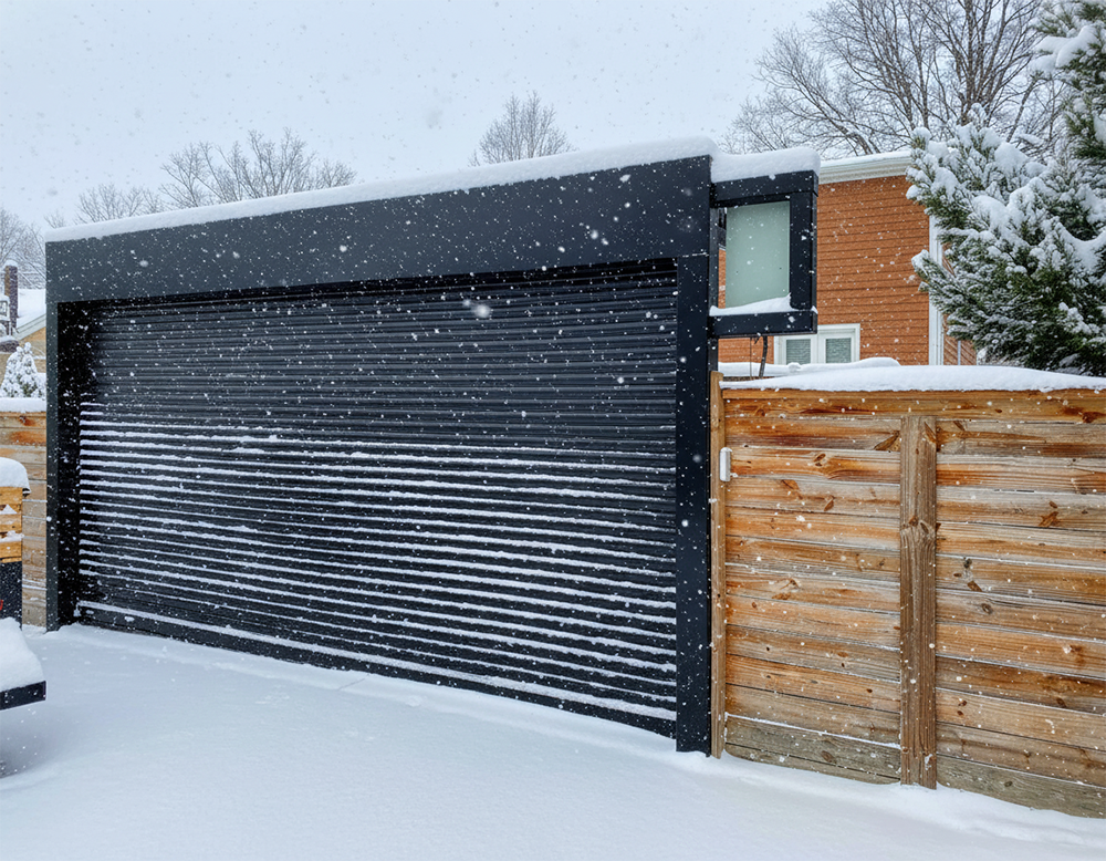Sleek Black Rolling Garage Door Situated Next To A Wooden Fence During A Snowfall, Highlighting Modern Garage Door Options Installed By Lead Contractor Dmytro Shevchenko For Properties In North West Chicago.