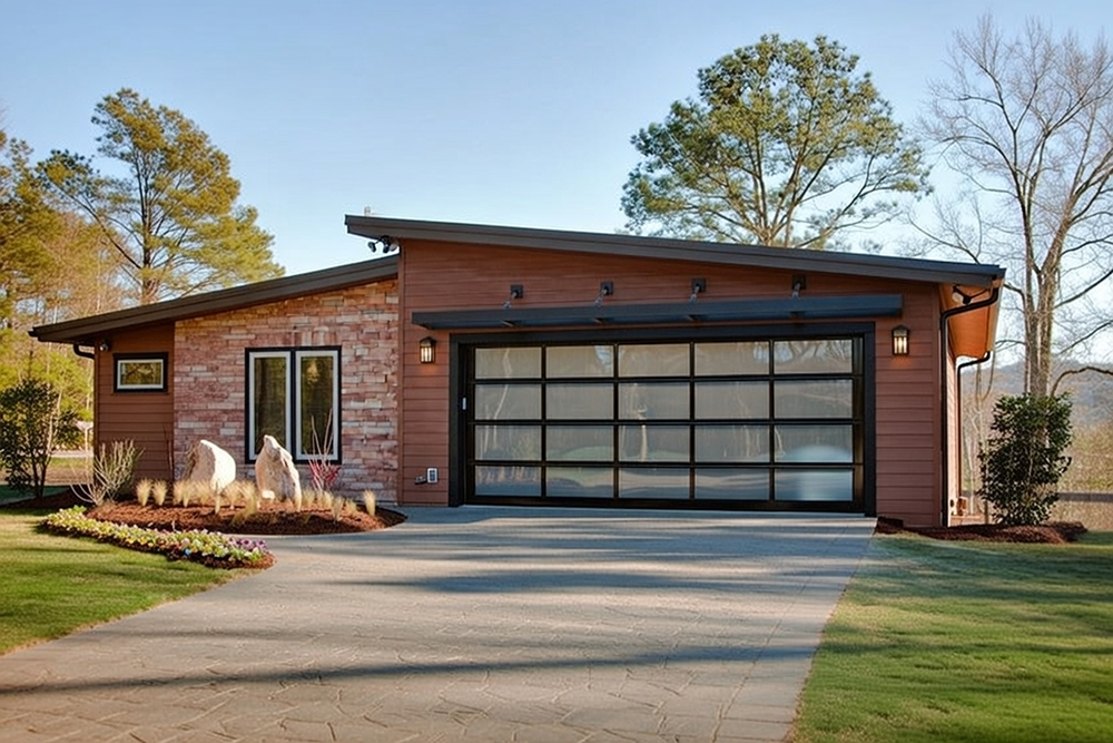 Modern Single-Story Home With Large Black-Framed Glass Garage Door, Warm Brick Facade, And Contemporary Flat Roof Design Under Clear Blue Sky, North West Chicago. Lead Contractor Dmytro Shevchenko Project Featuring Sleek Garage Door, Landscaped Front Yard With Boulders And Evergreens.