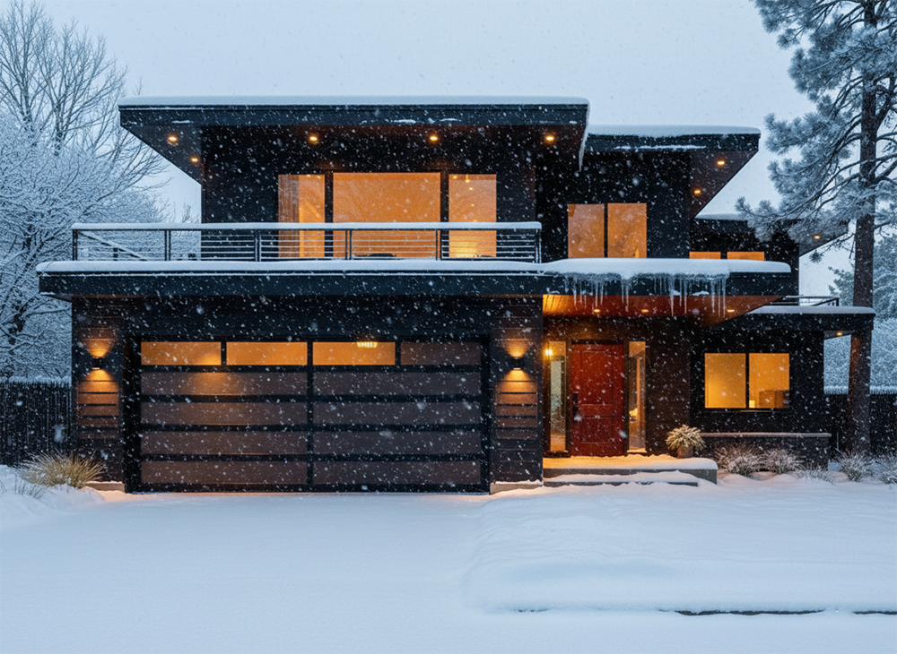 A Stunning Modern Home With Dark Siding Featuring A Custom Horizontal-Plank Garage Door With Top Windows, Illuminated By Warm Lights During A Heavy Winter Snowfall. This Contemporary Design Highlights The Premium Garage Door Options Available Through Lead Contractor Dmytro Shevchenko For Luxury Homes In North West Chicago.