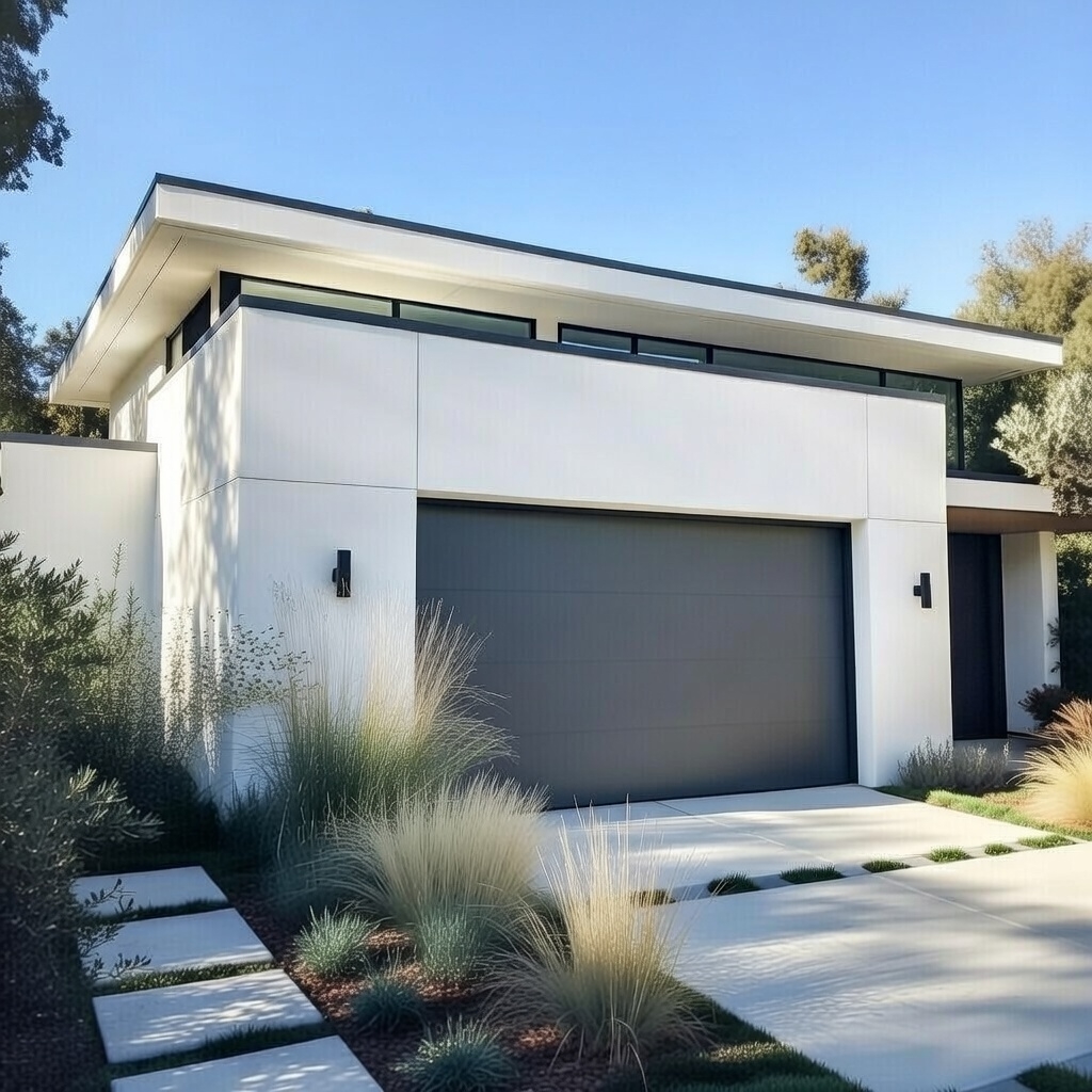 Modern Minimalist White Home Exterior Featuring A Sleek Dark Gray Flush-Panel Garage Door, Installed By Lead Contractor Dmytro Shevchenko In North West Chicago.