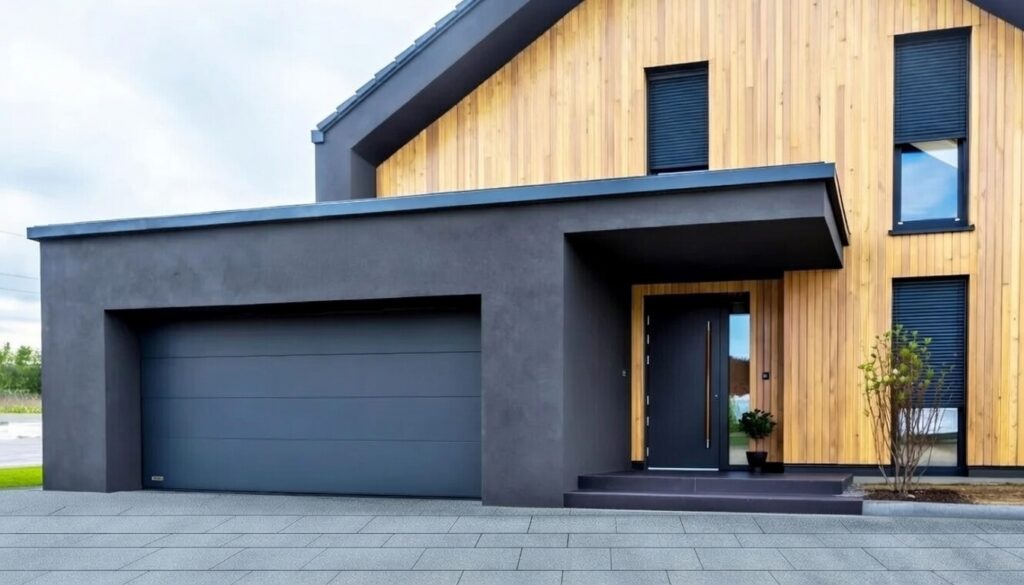 Modern Home Exterior Featuring A Sleek Dark Gray Flat-Panel Garage Door, Installed By Lead Contractor Dmytro Shevchenko In North West Chicago.