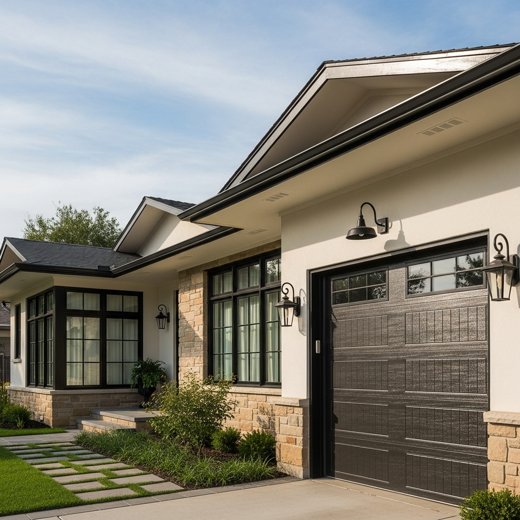 Transitional Home Exterior Featuring A Stylish Dark Panel Garage Door With Upper Windows, Installed By Lead Contractor Dmytro Shevchenko In North West Chicago.
