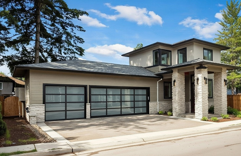 New Style Garage Doors: 2026 Trends &Amp; Modern Designs For Chicago Homes Contemporary Home Featuring Frosted Glass And Black Frame Designs As Premium Garage Door Options, Installed By Lead Contractor Dmytro Shevchenko In North West Chicago.