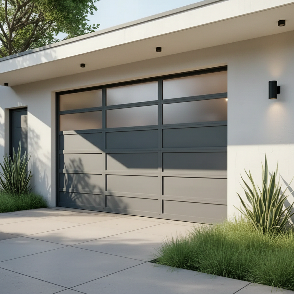 Contemporary Gray Modern Garage Door With Frosted Glass Panels And Horizontal Sectional Design, Framed In Black Trim On A Minimalist White Stucco Contemporary Home With Sleek Architecture And Recessed Lighting – Installed By Lead Contractor Dmytro Shevchenko, North West Chicago