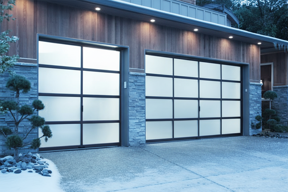A Modern Home Featuring Two Illuminated Frosted Glass And Aluminum Garage Doors During A Snowy Winter Evening. This Sleek Design Represents Premium Garage Door Options Available Through Lead Contractor Dmytro Shevchenko For Residents In North West Chicago, Combining Contemporary Aesthetics With Privacy.