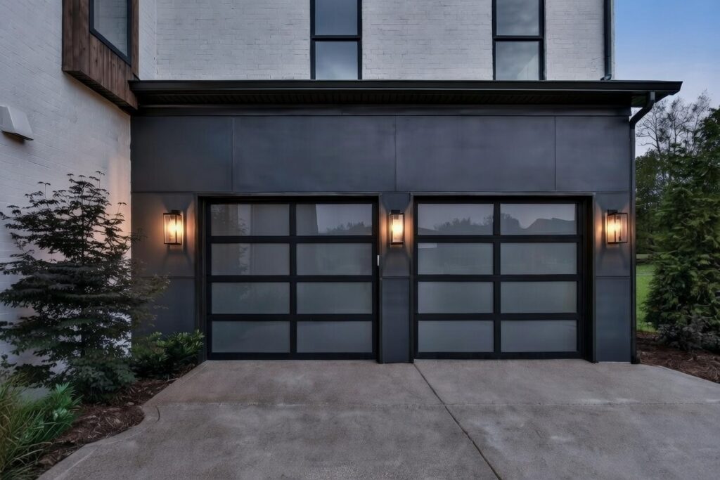 Modern Home Exterior Featuring Dual Black Aluminum And Frosted Glass Designs As Examples Of Sleek Garage Door Options, Installed By Lead Contractor Dmytro Shevchenko In North West Chicago.